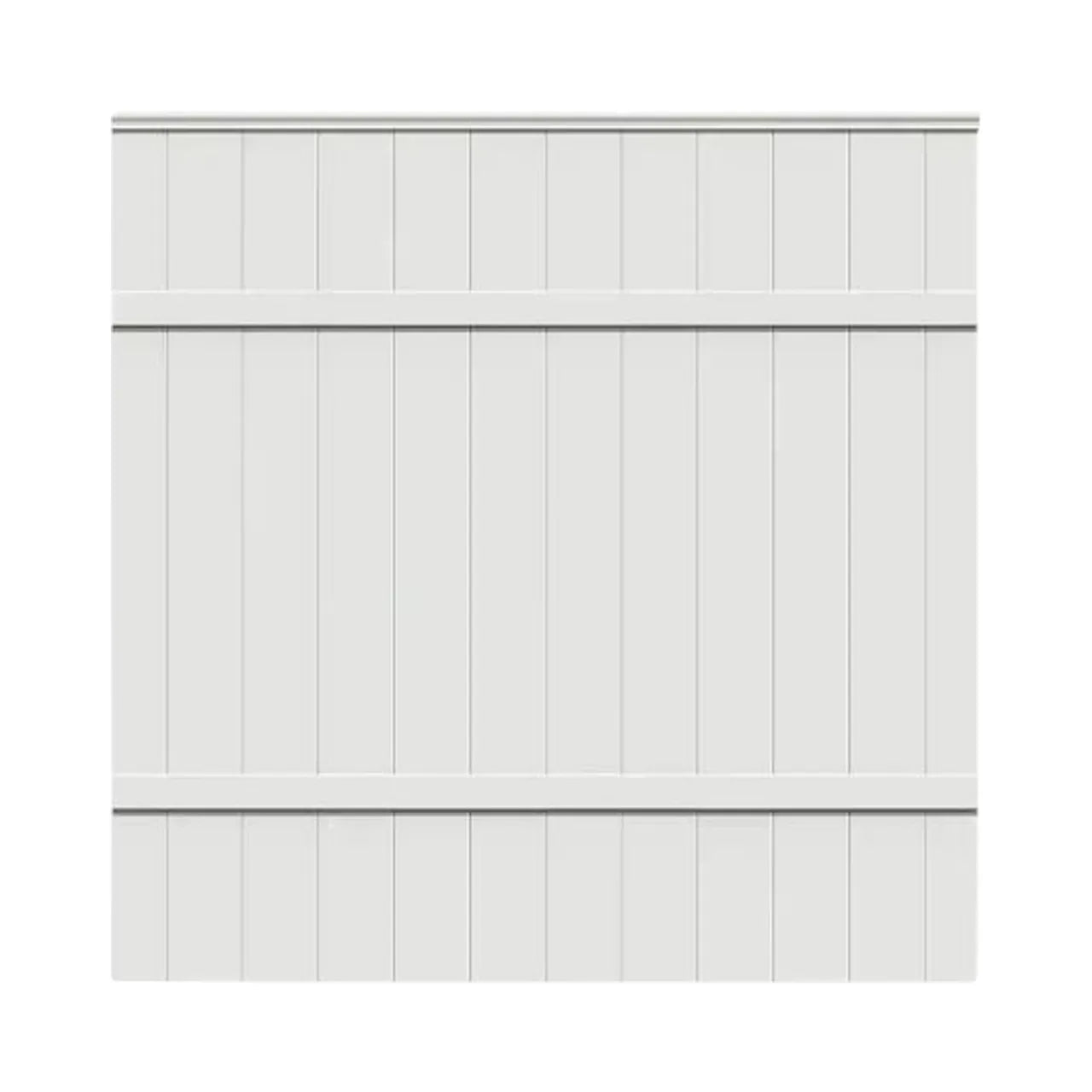 The Go Build 6 ft. x 6 ft. Vinyl Windham Fence Panel - White features vertical slats and two horizontal rails, delivering a low-maintenance, solid white design for any fence project.